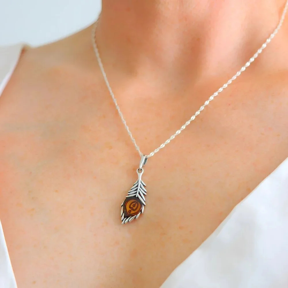 Silver Feather Pendant -Baltic Amber Necklace -s925